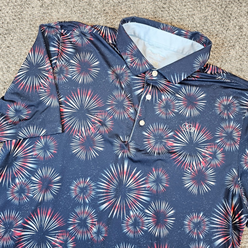 Good Good Golf Polo Shirt Mens XL Blue Red Firework Burst Performance Stretch